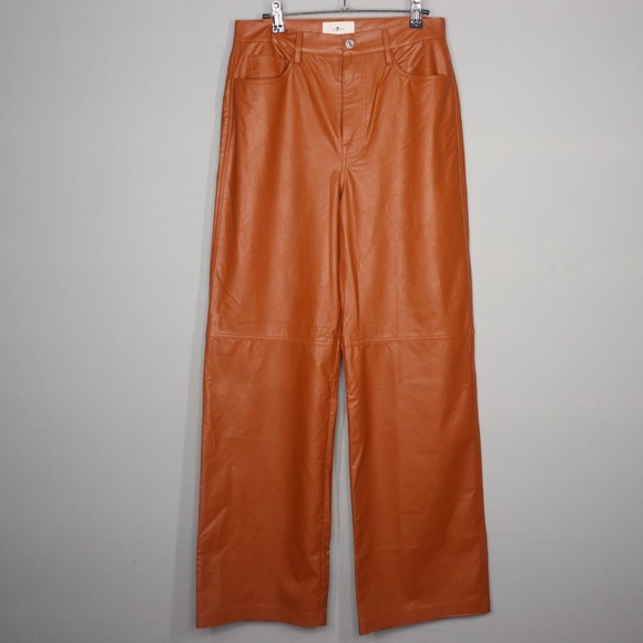 7 For All Mankind Pants Size 28 Brown High Rise Wide Leg Vegan Faux Leather Boho - Picture 1 of 6